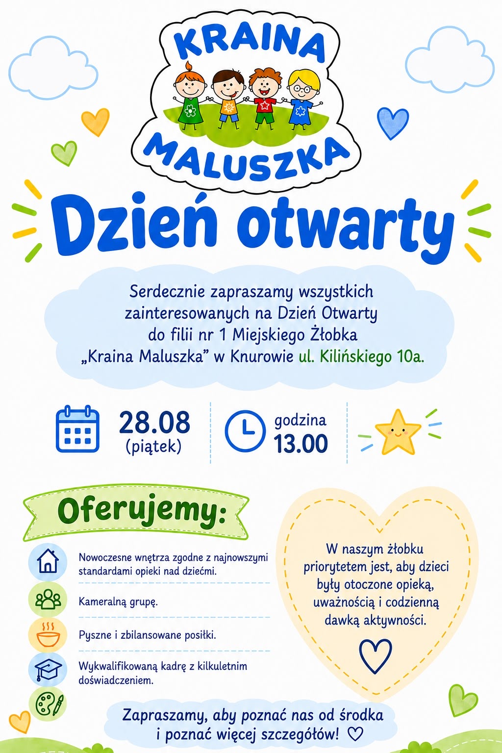 plakat graficzny informujący o dniu otwarym żłobka w Szczygłowicach